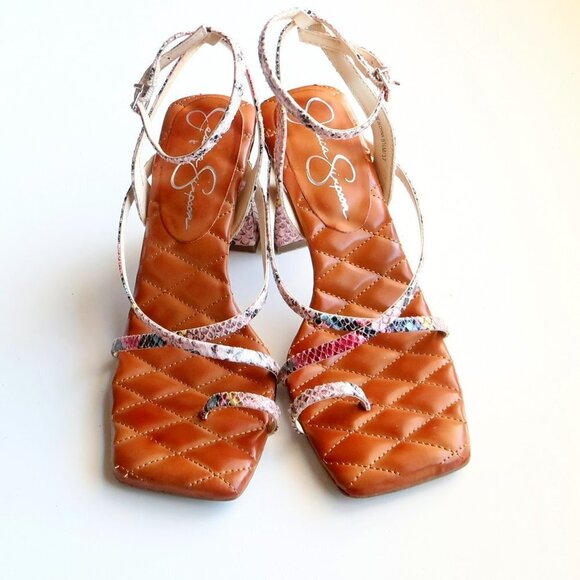 Jessica Simpson Snakeskin Toe Loop Square Toe Ankle Strap Block Heel Sandals - Picture 13 of 16